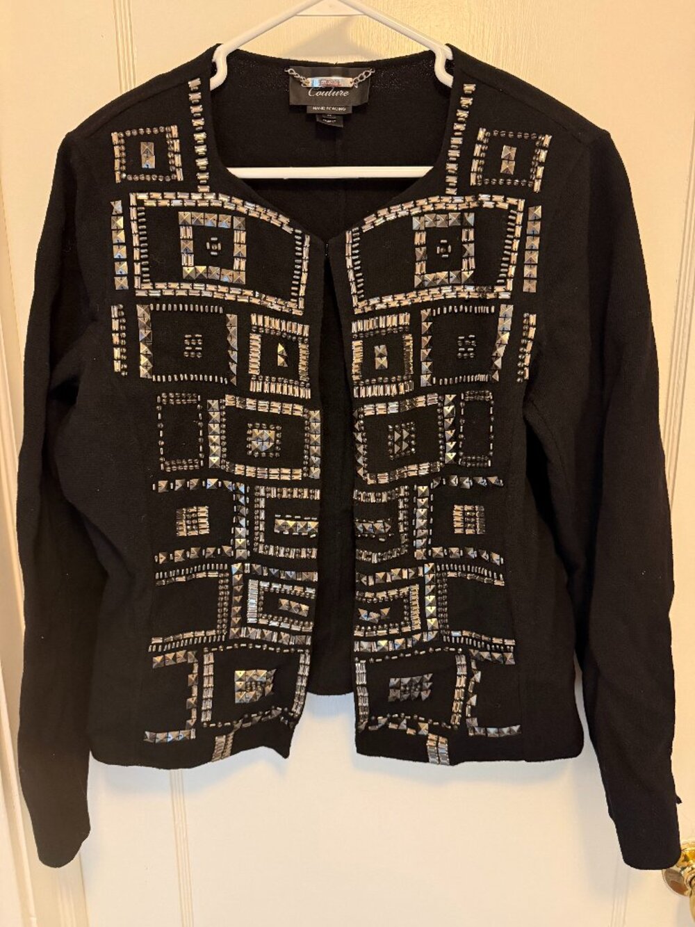 St John Couture Black Poly Blend Studded Hand Beaded Blazer Jacket Sz 14
